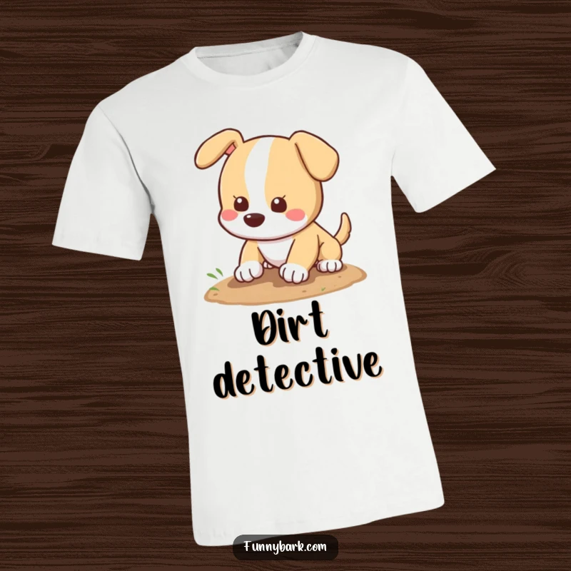 Funny dog t-shirt of a happy dog character digging a hole, tail wagging, showcasing its joyful and energetic nature.
