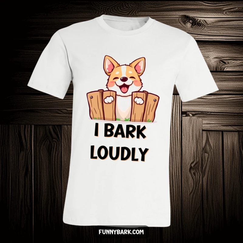 Funny Barking Dog T-Shirt: A dog pops out from behind a fence, enthusiastically barking with a playful, attention-grabbing pose.
