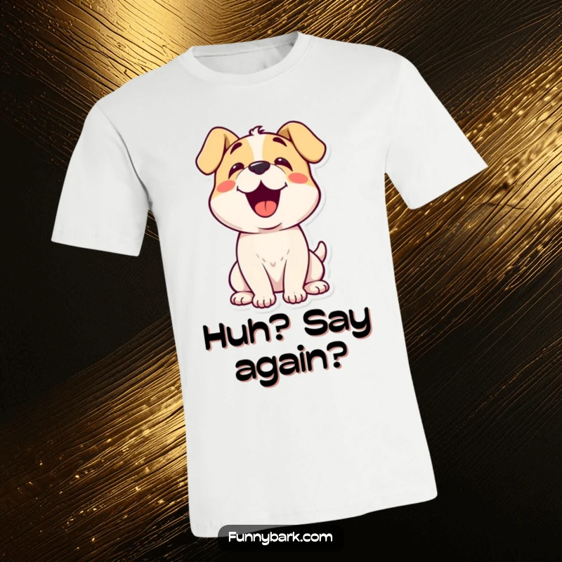 Funny dog's head tilted, eyes wide with curiosity, on a soft, humorous t-shirt.