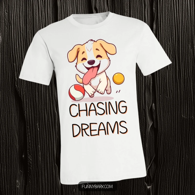 Funny Dog T-Shirt: A delighted dog mid-chase, tongue out, eyes locked on a bouncing ball, capturing playful energy.