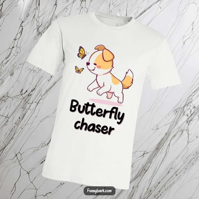 Funny Dog T-Shirt: A dog with its tail wagging furiously, enthusiastically chasing a fluttering butterfly, full of glee.
