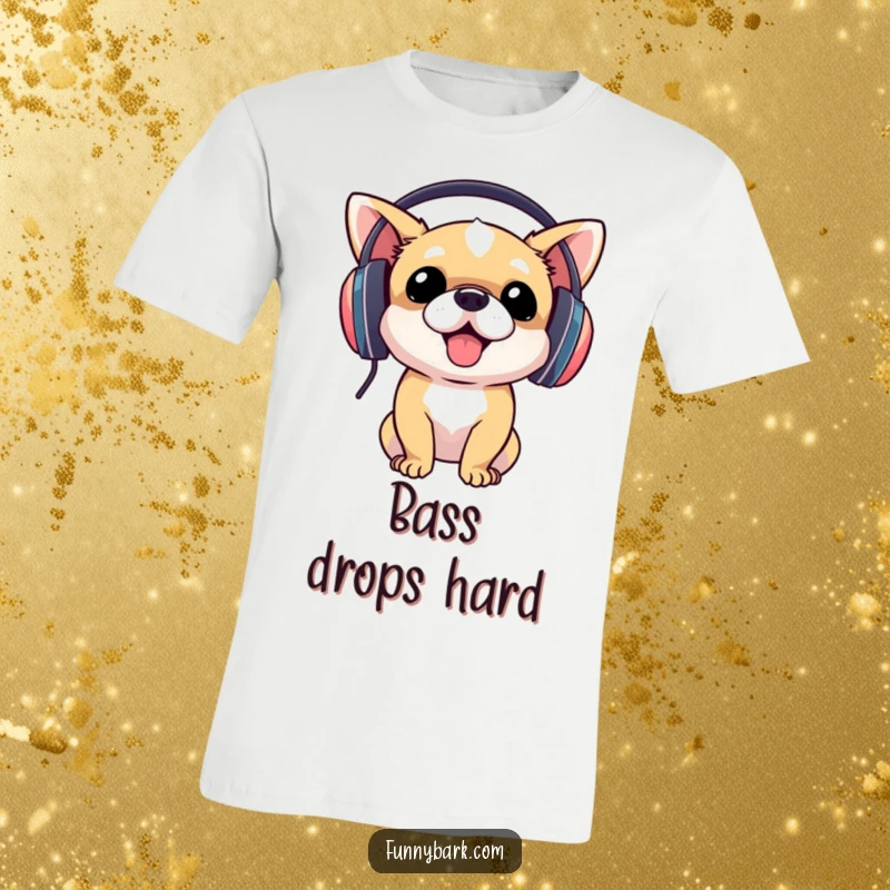 Funny dog in oversized headphones, enthusiastically bobbing its head, printed on a t-shirt, ideal funny gift for music lovers.