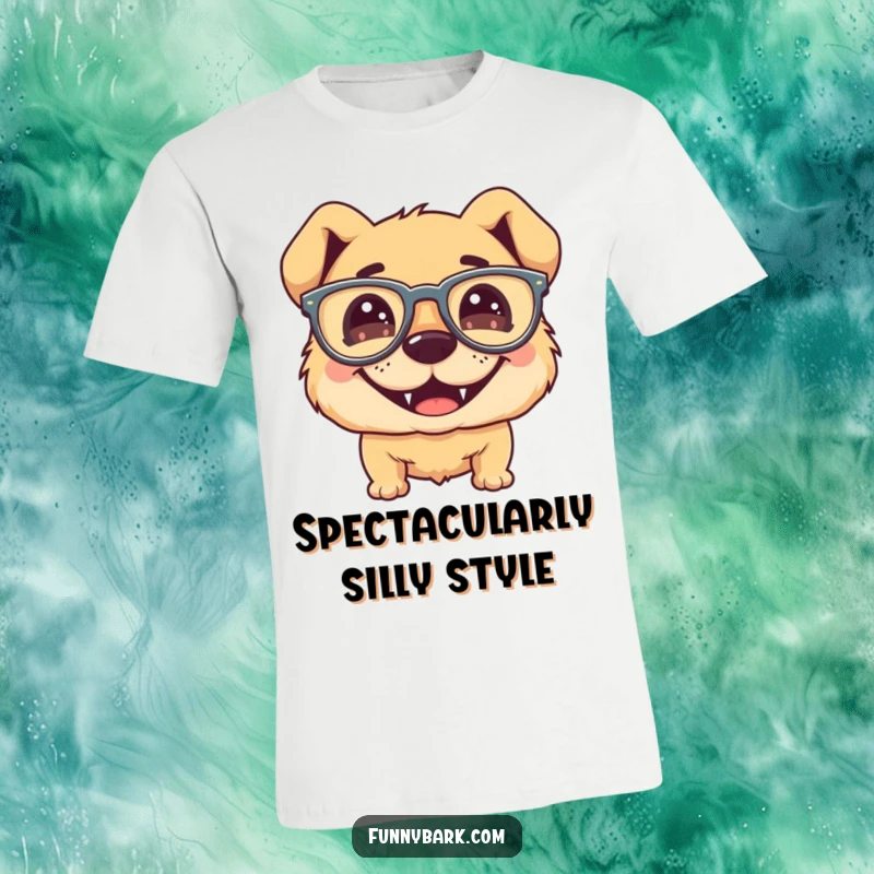 Funny dog t-shirt, silly grin, wearing comically oversized floppy glasses, quirky and humorous appearance.