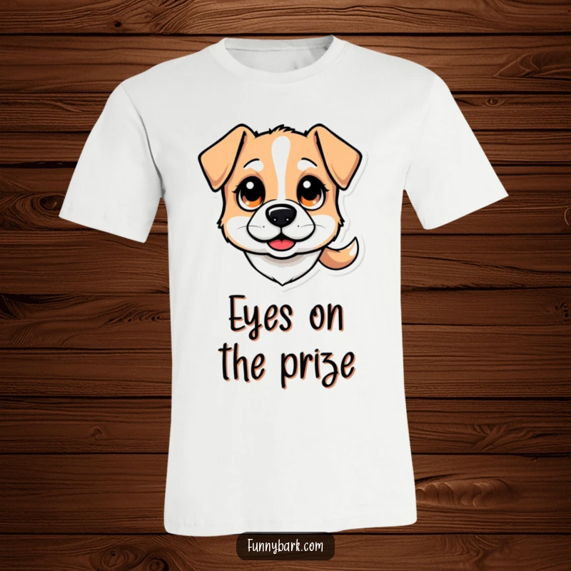 Funny t-shirt: A stylized dog head with wide, curious eyes and a gently wagging tail, perfect for a funny gift.