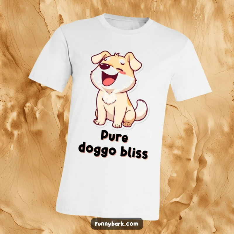 Funny t-shirt with a dog character barking ecstatically and wagging its tail, representing pure happiness and energetic fun for gifts.
