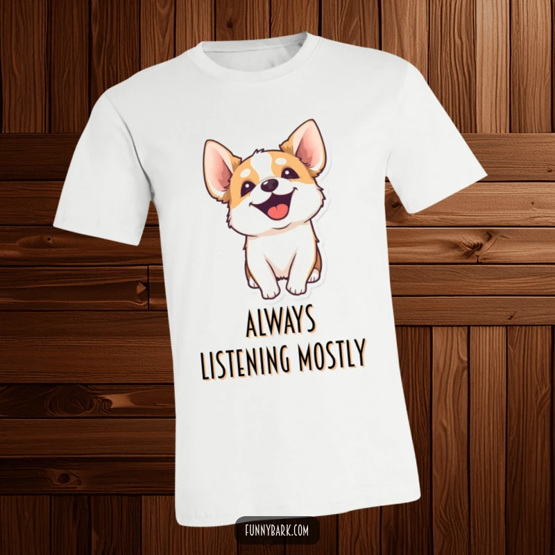 Funny T-Shirt featuring a cartoon dog energetically yipping, its head tilted and ears perked, conveying alertness and amusement.
