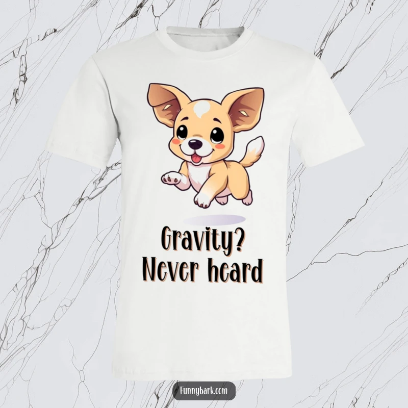 Funny floppy eared dog t-shirt with a dog in mid-leap, large ears flapping and tail wagging, full of glee.