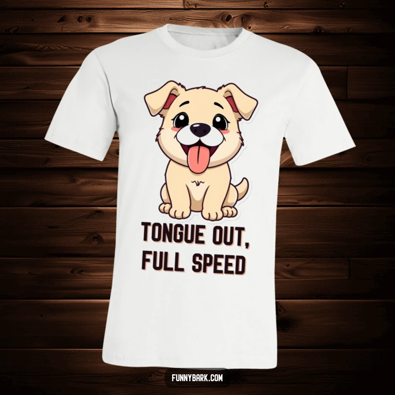 Funny t-shirt featuring a dog mid-bark with its tongue happily out, panting energetically, capturing a moment of pure canine excitement.