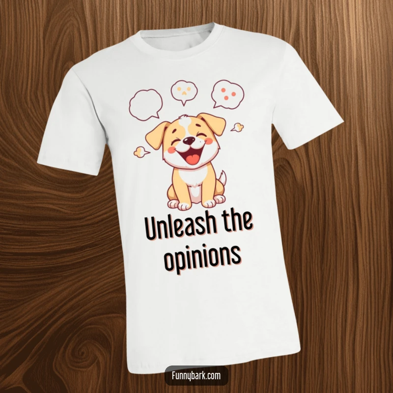 Funny T-Shirt with a cartoon puppy barking joyfully, speech bubbles showing its happy sounds, perfect for dog enthusiasts.