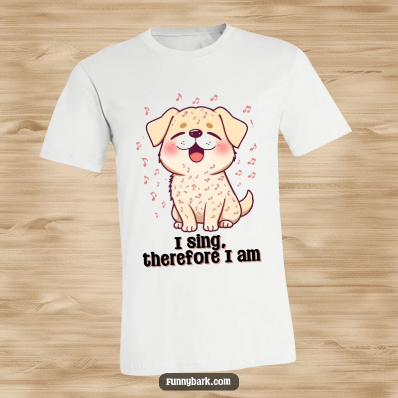 Funny t-shirt depicting a joyful dog with eyes shut, surrounded by musical notes, belting out a song.