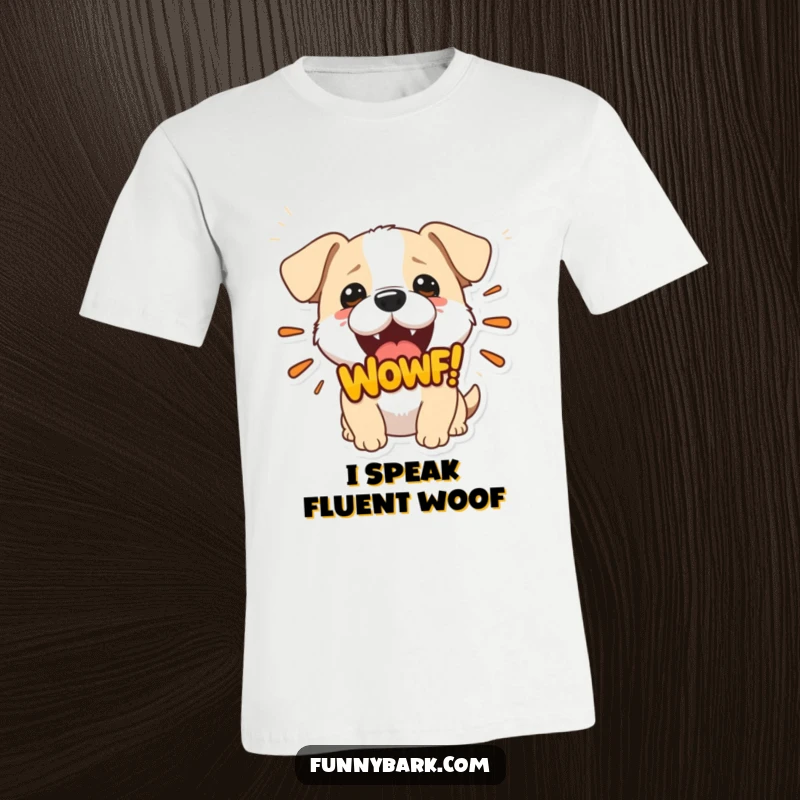 Funny t-shirt featuring a small dog with its mouth open, releasing a bold 'Woof!' graphic, a playful tribute to canine communication.