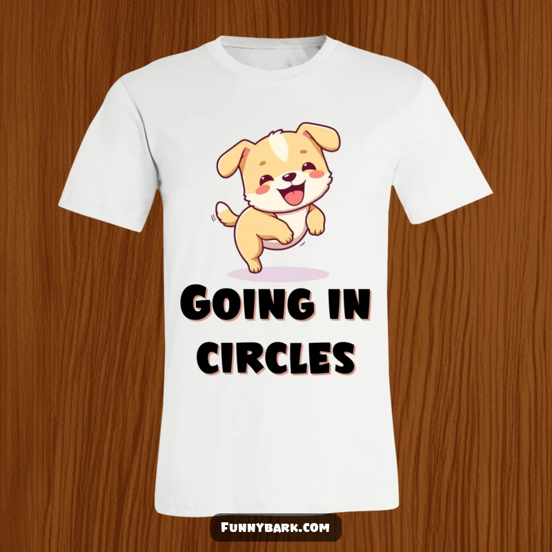 Funny dog t-shirt featuring a small dog character energetically chasing its tail in a joyful, spinning circle.