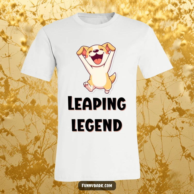 Funny t-shirt featuring a dog character in a dynamic, enthusiastic leap with its mouth open, capturing a moment of pure canine athleticism and fun.
