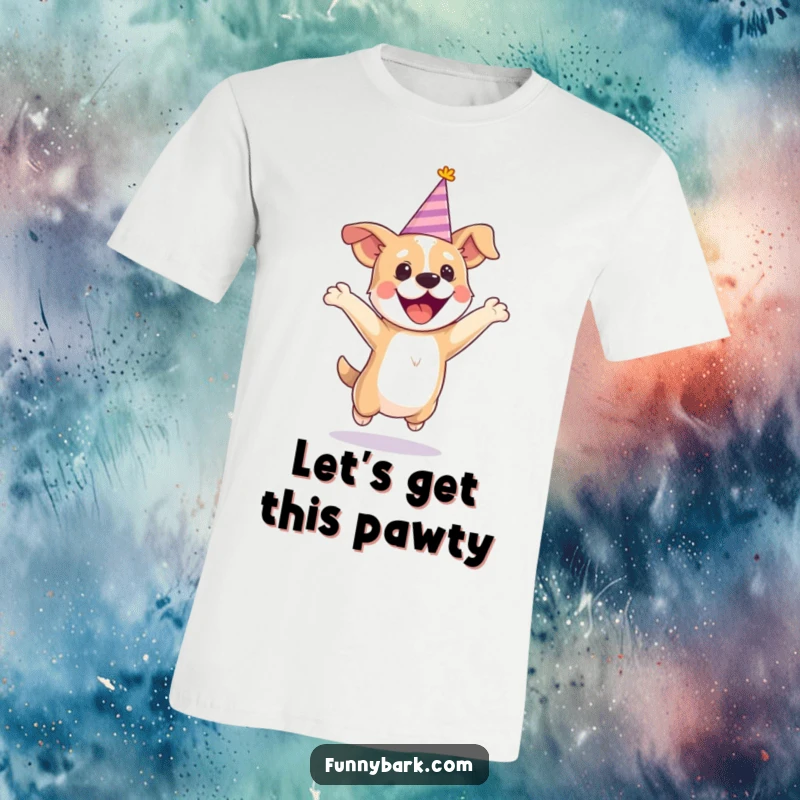 Funny party dog t-shirt depicting a dog wearing a tiny hat, jumping high with excitement and festive energy.