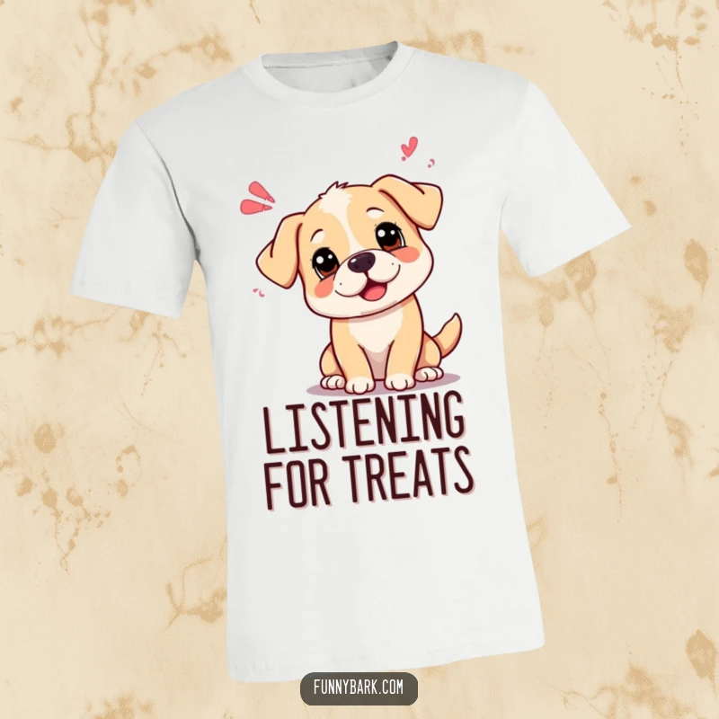 Funny curious dog t-shirt featuring a dog with its head tilted, emitting playful sound waves of thought.