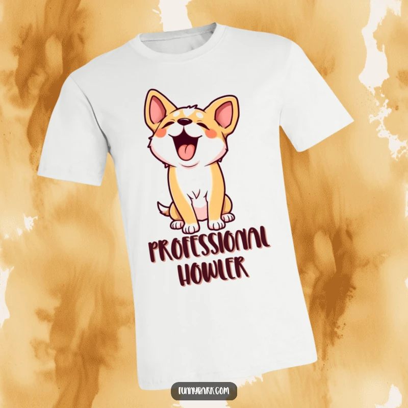 Funny t-shirt showcasing a dog character joyfully throwing its head back for a loud, playful howl, radiating pure, unadulterated happiness.