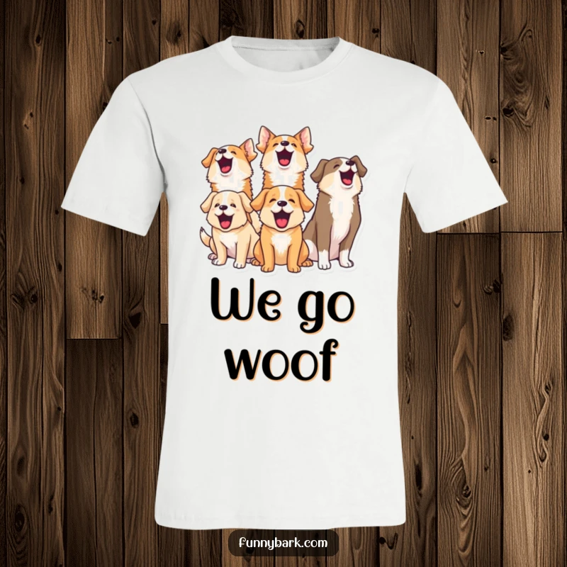 Funny t-shirt depicting a group of dogs tilted upwards, joyfully barking together in a hilarious, synchronized pack.