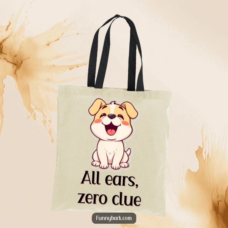Funny dog with an adorable head tilt, looking inquisitive, on a durable, humorous tote bag.