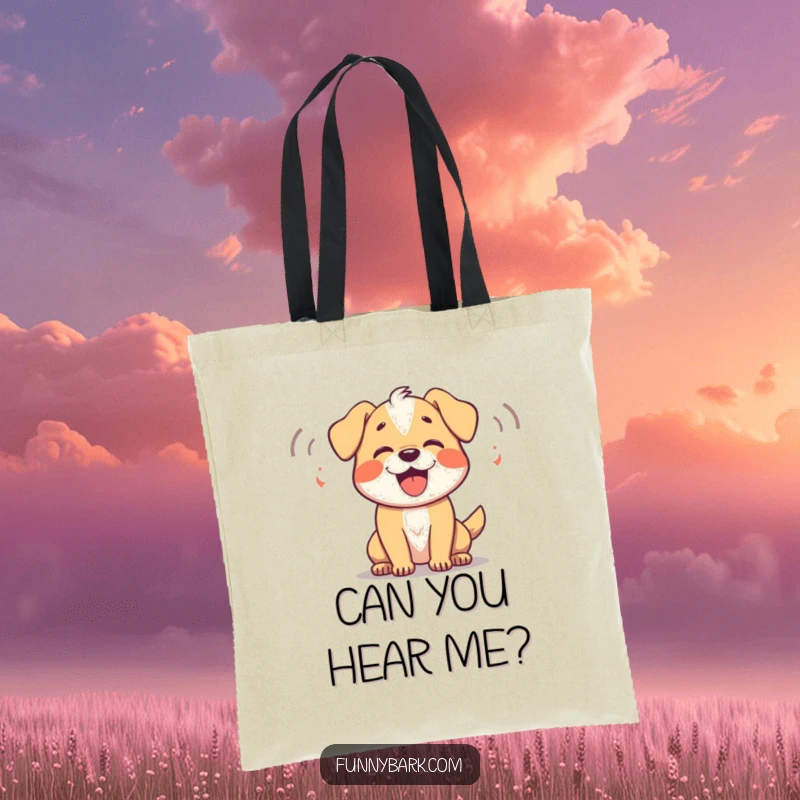 Funny Dog Tote Bag: A dog joyfully barking with clear sound waves, a symbol of happiness and playfulness.