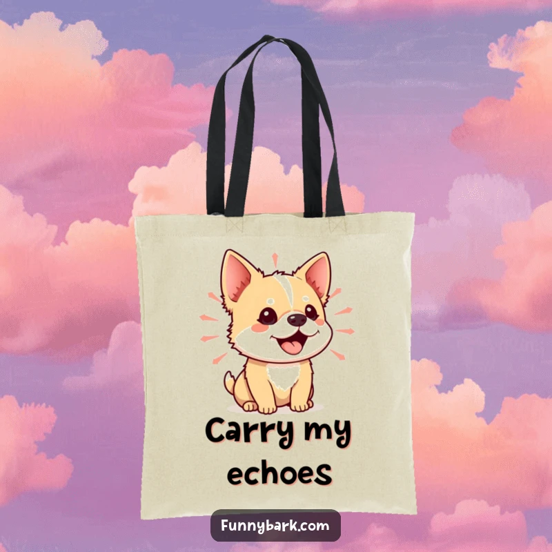 Funny tote bag showcasing a small dog with its mouth open, surrounded by vibrant sound waves, a practical and humorous accessory.