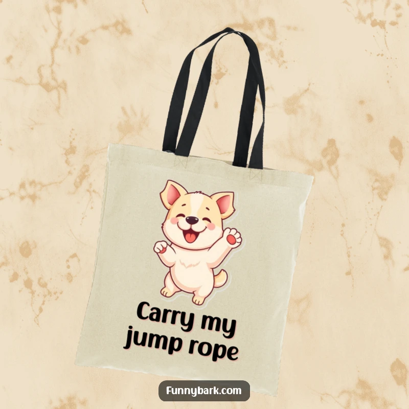 Funny tote bag: A playful dog mid-jump, one paw raised in excitement, symbolizing fun and adventure, ideal for a funny gift.
