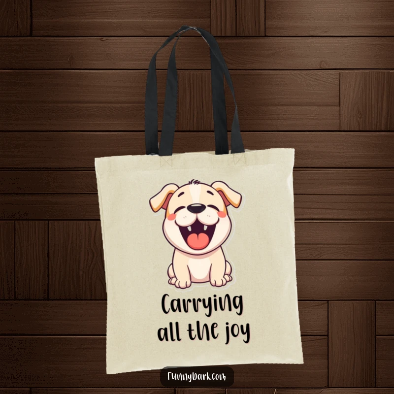 Funny barking dog tote bag featuring a cartoon dog opening its mouth wide for a happy, enthusiastic bark.