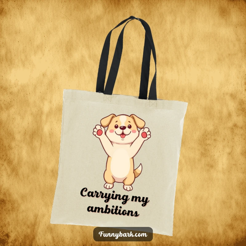Funny Tote Bag featuring a dog standing on its hind legs, paws raised, as if calling out.