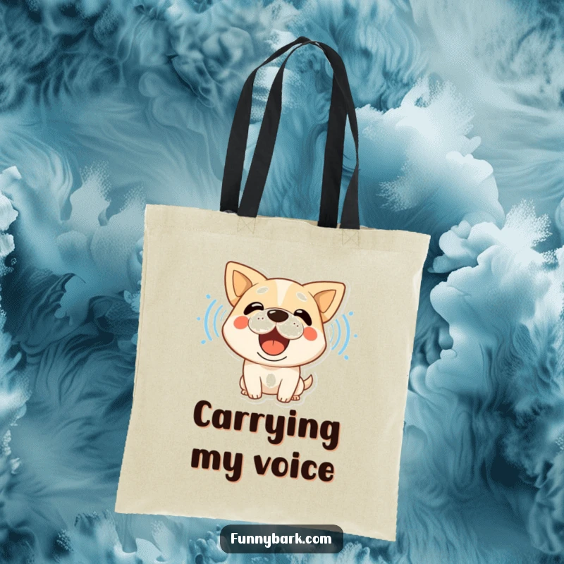 Funny dog tote bag with a stylized character mid-bark, its loud sound waves visible, perfect for carrying dog essentials.