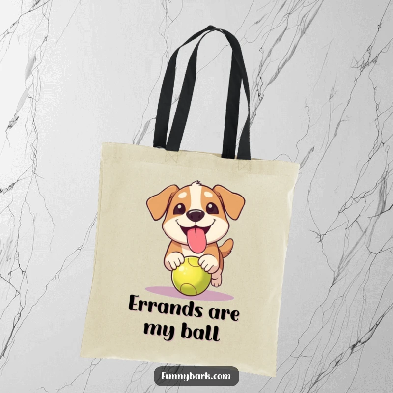 Funny grinning dog tote bag showing a dog with tongue hanging out, comically chasing a ball with great enthusiasm.