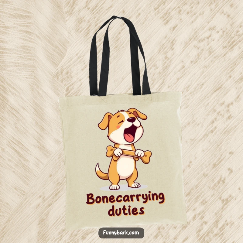 Funny tote bag with a dog standing on hind legs, holding a bone, and barking; depicts a humorous and vocal canine character.