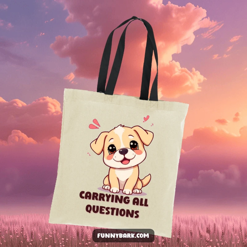 Funny curious dog tote bag showing a dog with head tilted, emitting playful sound waves, symbolizing curiosity.