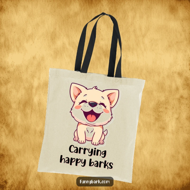 Funny tote bag showing a small, happy dog character barking with infectious joy and tail-wagging enthusiasm.