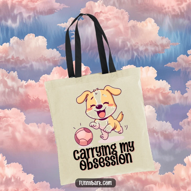 Funny dog with tongue out, joyfully chasing a rolling ball, on a durable, humorous tote bag.