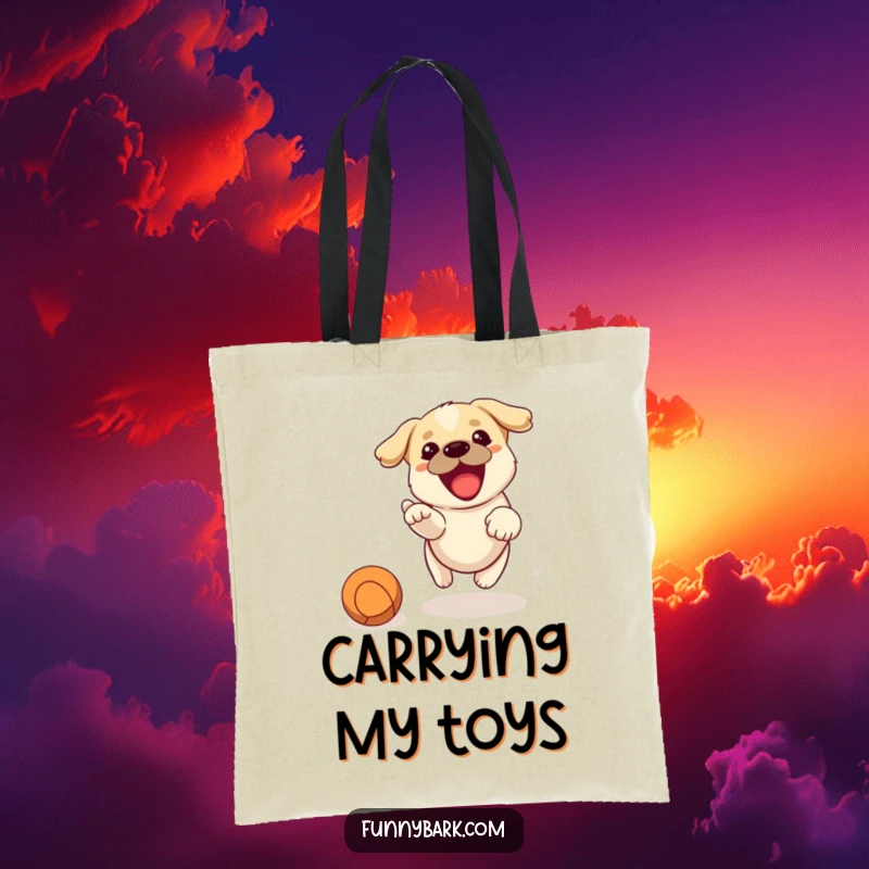 Funny tote bag decorated with an energetic dog joyfully barking and chasing after a thrown ball, ready for adventure.