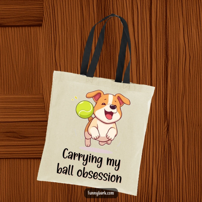 Funny dog tote bag with a dog mid-bark, chasing a tennis ball, designed for dog lovers.