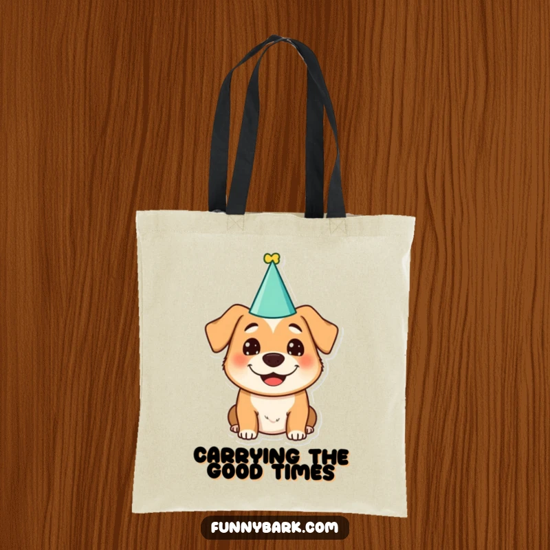 Funny dog character wearing a party hat and a silly grin on a tote bag, perfect for carrying essentials with joy.
