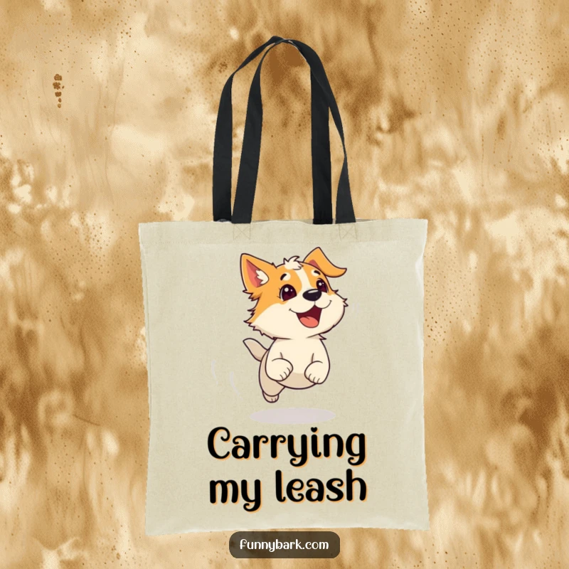 Funny Tote Bag: Features an energetic dog character running with wind-swept fur and a bark, a humorous and practical accessory.