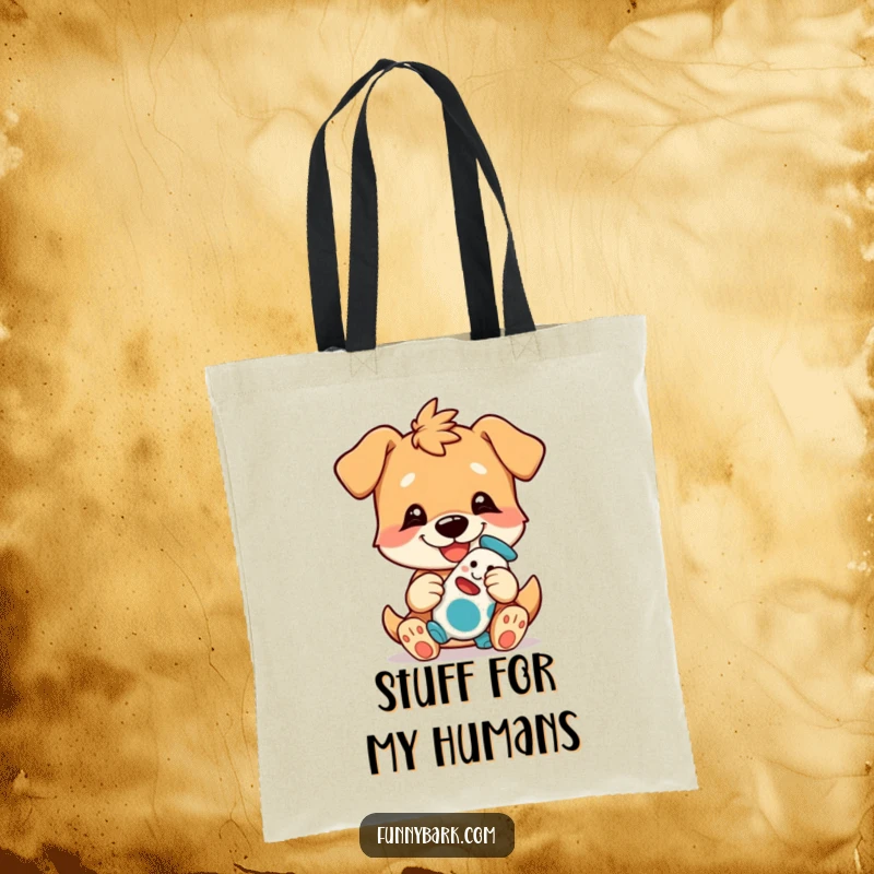 Funny Dog Tote Bag showing a happy dog character with a playful grin, playfully presenting a treasured toy.