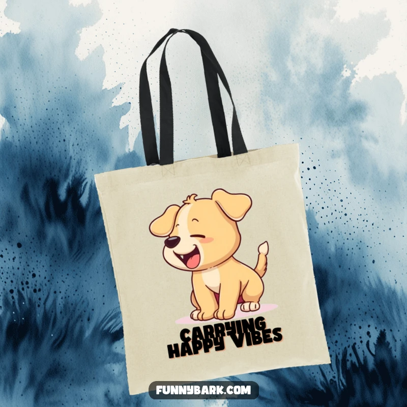 Funny tote bag depicting a cartoon puppy with its tail wagging furiously, barking excitedly, a perfect accessory for dog enthusiasts.