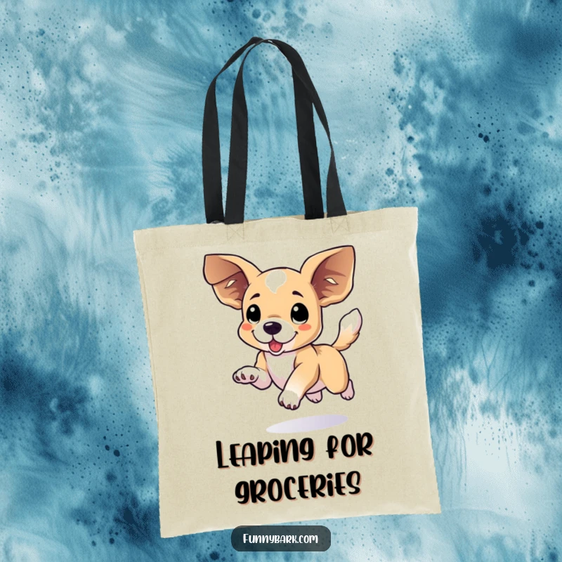 Funny floppy eared dog tote bag capturing a dog mid-leap with large ears flying and a happily wagging tail.