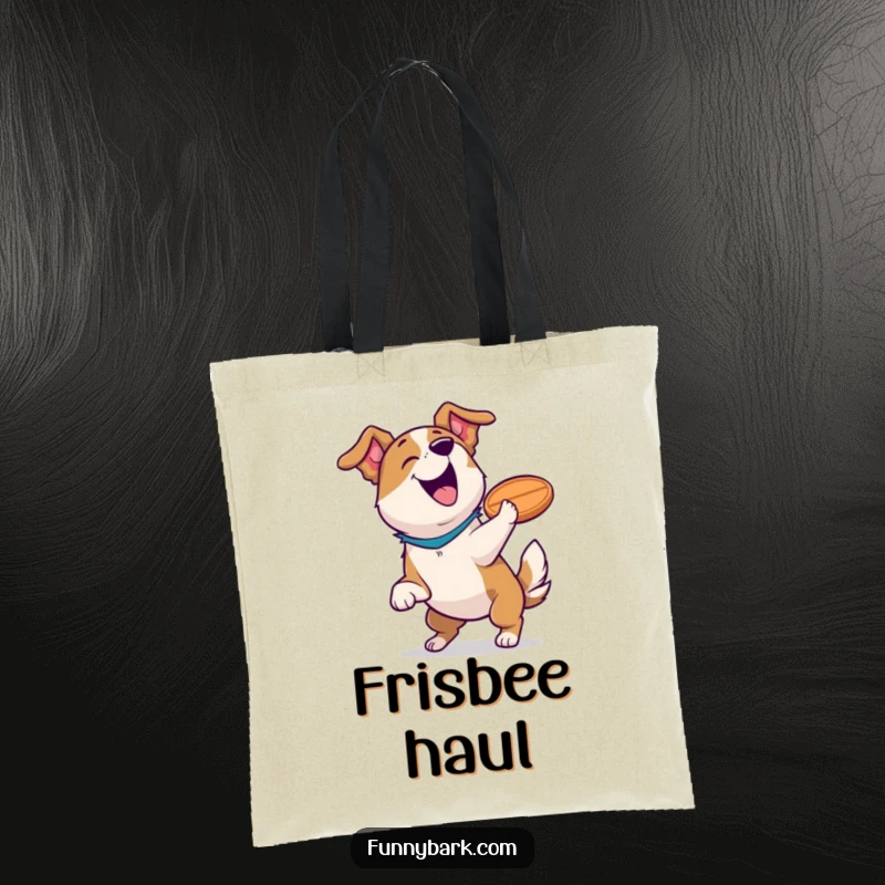 Funny tote bag featuring a dog barking triumphantly, frisbee caught, celebrating a hilarious athletic feat, perfect for dog owners.