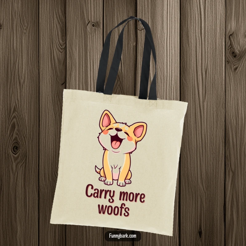 Funny tote bag with a dog character howling gleefully, head back, mouth open wide, ready to carry essentials with a side of canine joy.