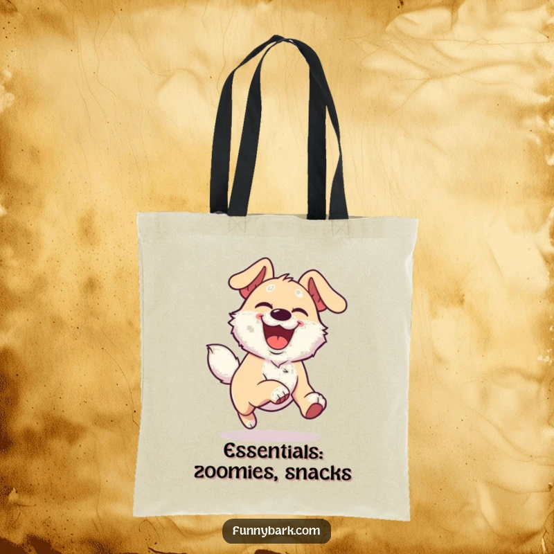 Funny Joyful Dog Tote Bag showing a dog character with an overjoyed expression, running with boundless energy.