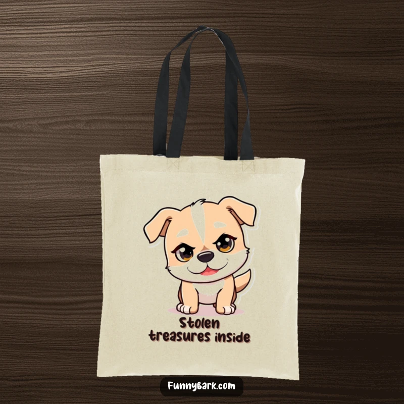 Funny Mischief Dog Tote Bag showing a dog character with a mischievous eye, playfully pouncing forward.