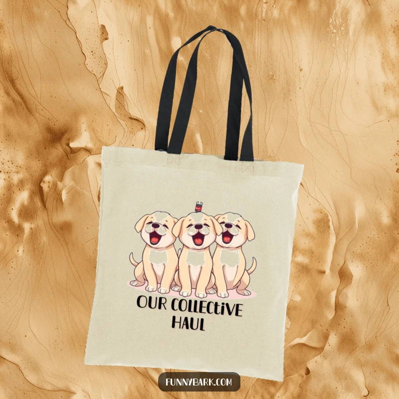 Funny tote bag depicting a group of puppies barking in unison, tails wagging furiously, a practical and humorously chaotic accessory.