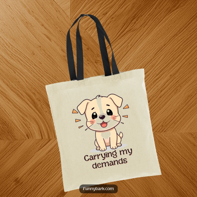 Funny tote bag with a tiny dog character barking sharply, representing alertness and humorous protection, a great gift for dog owners.