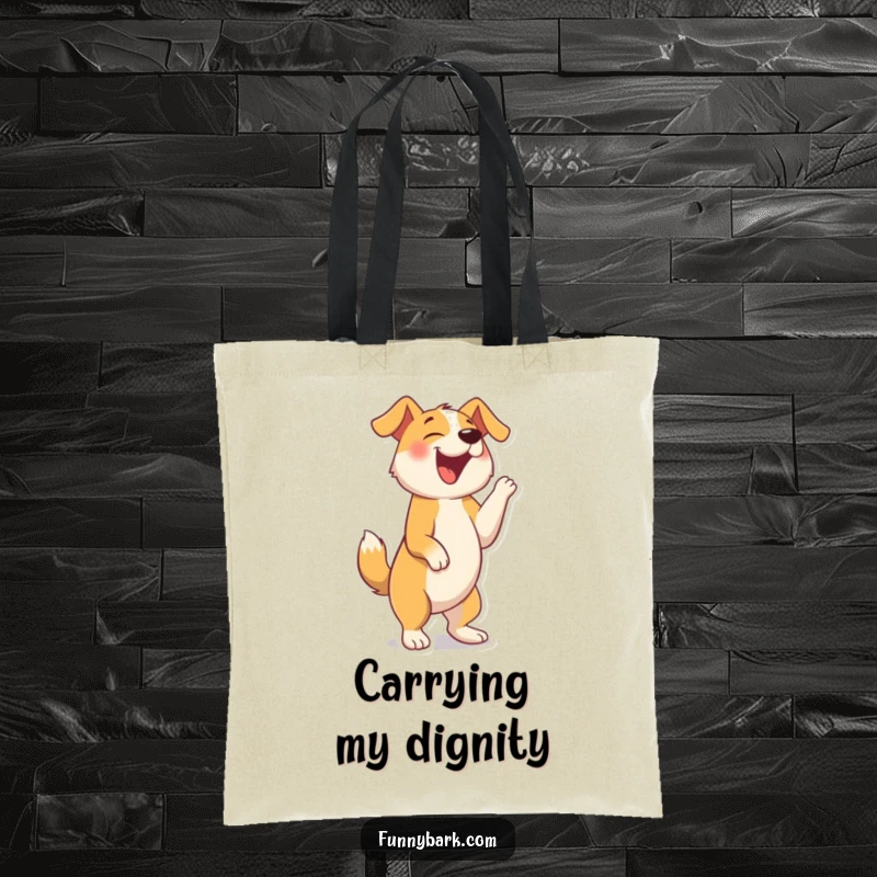 Funny tote bag with a dog character balancing on hind legs, barking with hilarious, unrestrained joy and energy.