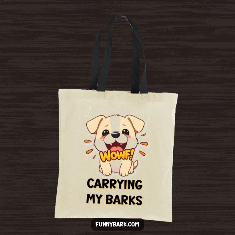 Funny tote bag depicting a small dog with its mouth open, releasing a large 'Woof!' graphic, a practical and humorous accessory.