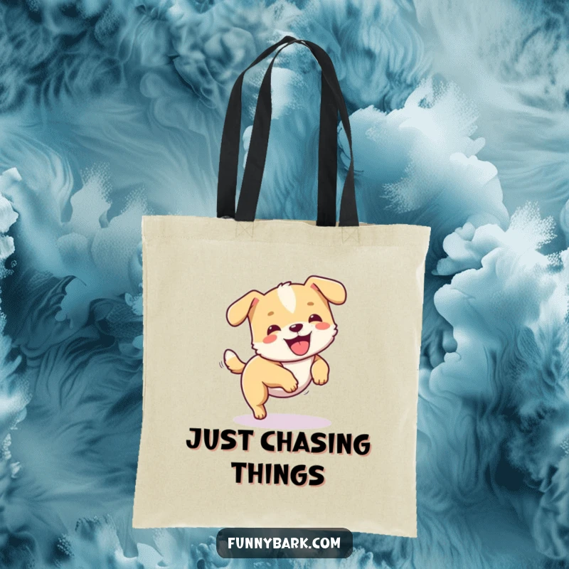 Funny dog tote bag illustrated with a small dog joyfully chasing its own tail in a dizzying circle.