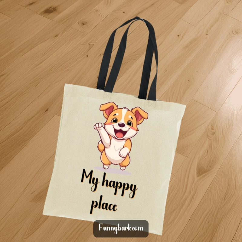 Funny Tote Bag: A dog jumping with excitement, letting out a happy bark, perfect for carrying essentials. Great gift.
